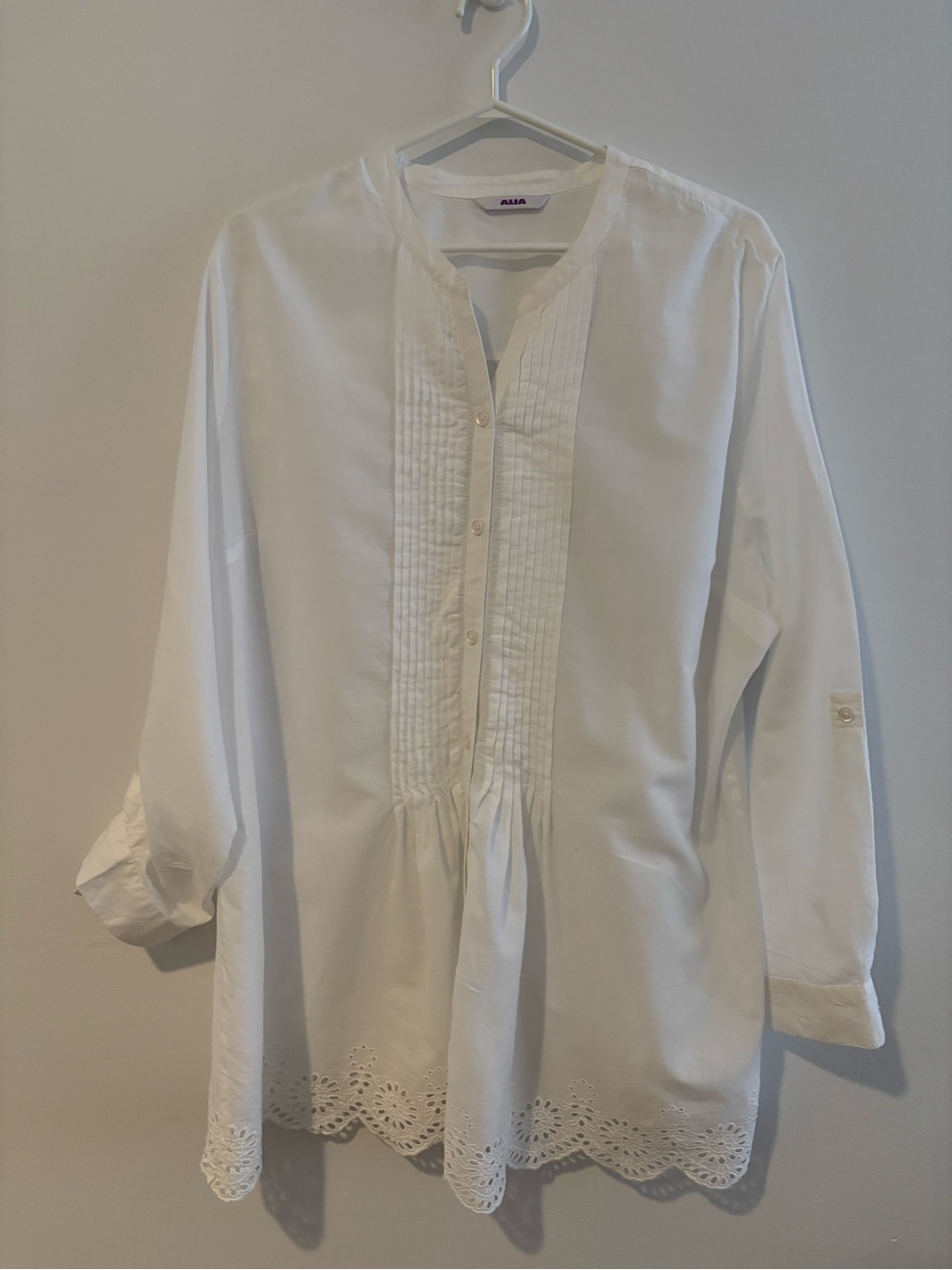 Alia White Embroidered Hem Pintuck Tunic Blouse